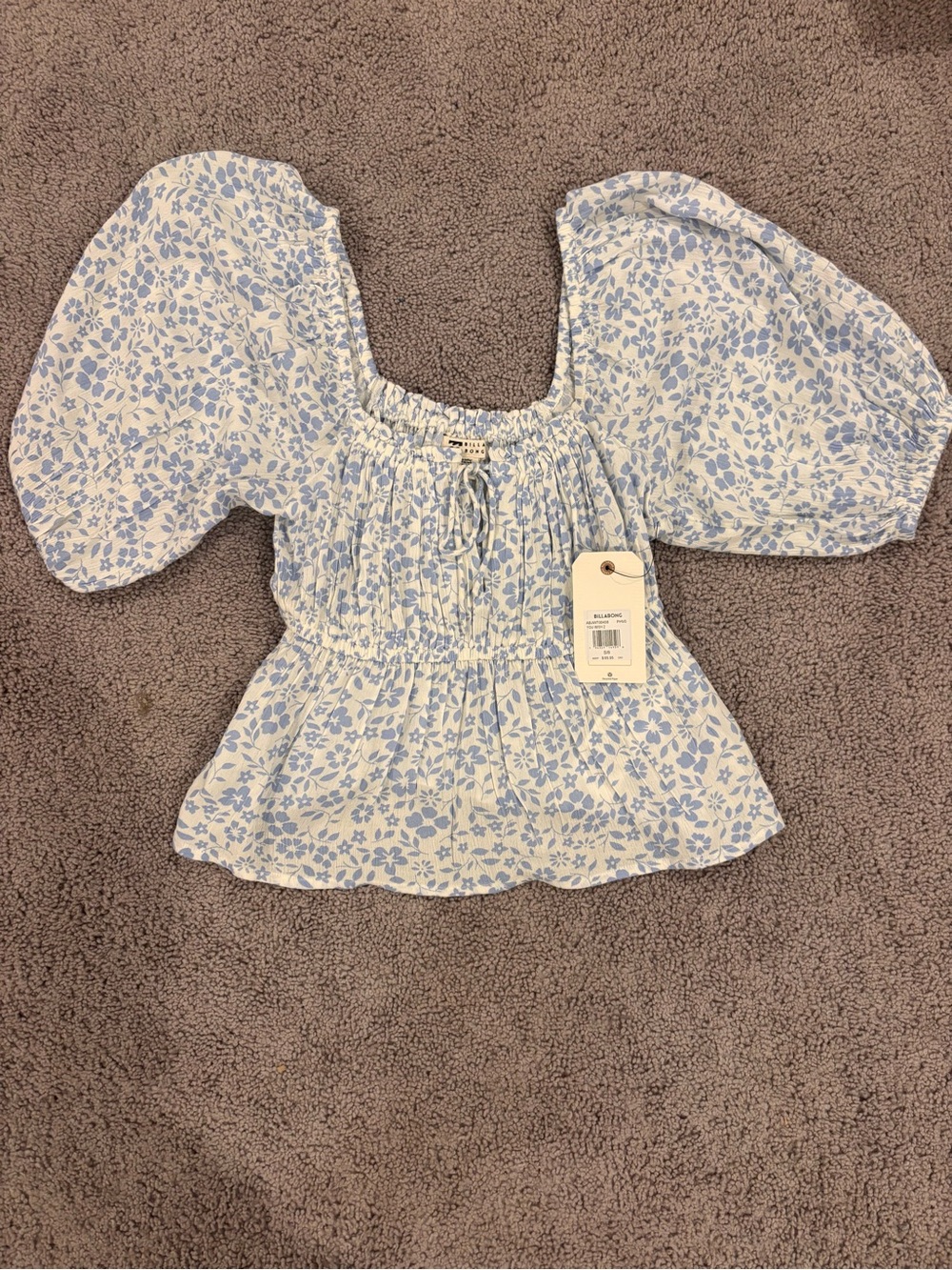 Billabong Light Blue Floral Smocked Puff-Sleeve Top
